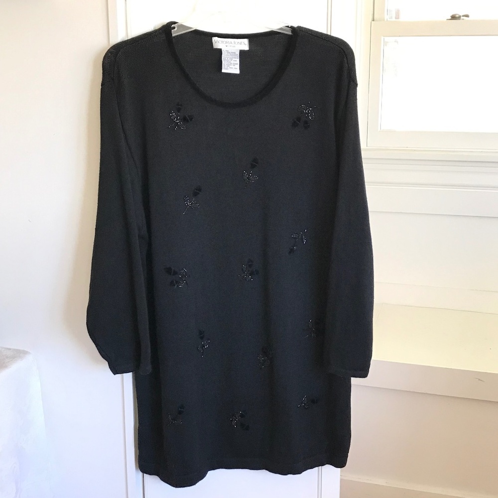 VICTORIA JONES Velvet Beaded Sweater Black Vintage Women’s Plus Size 1X